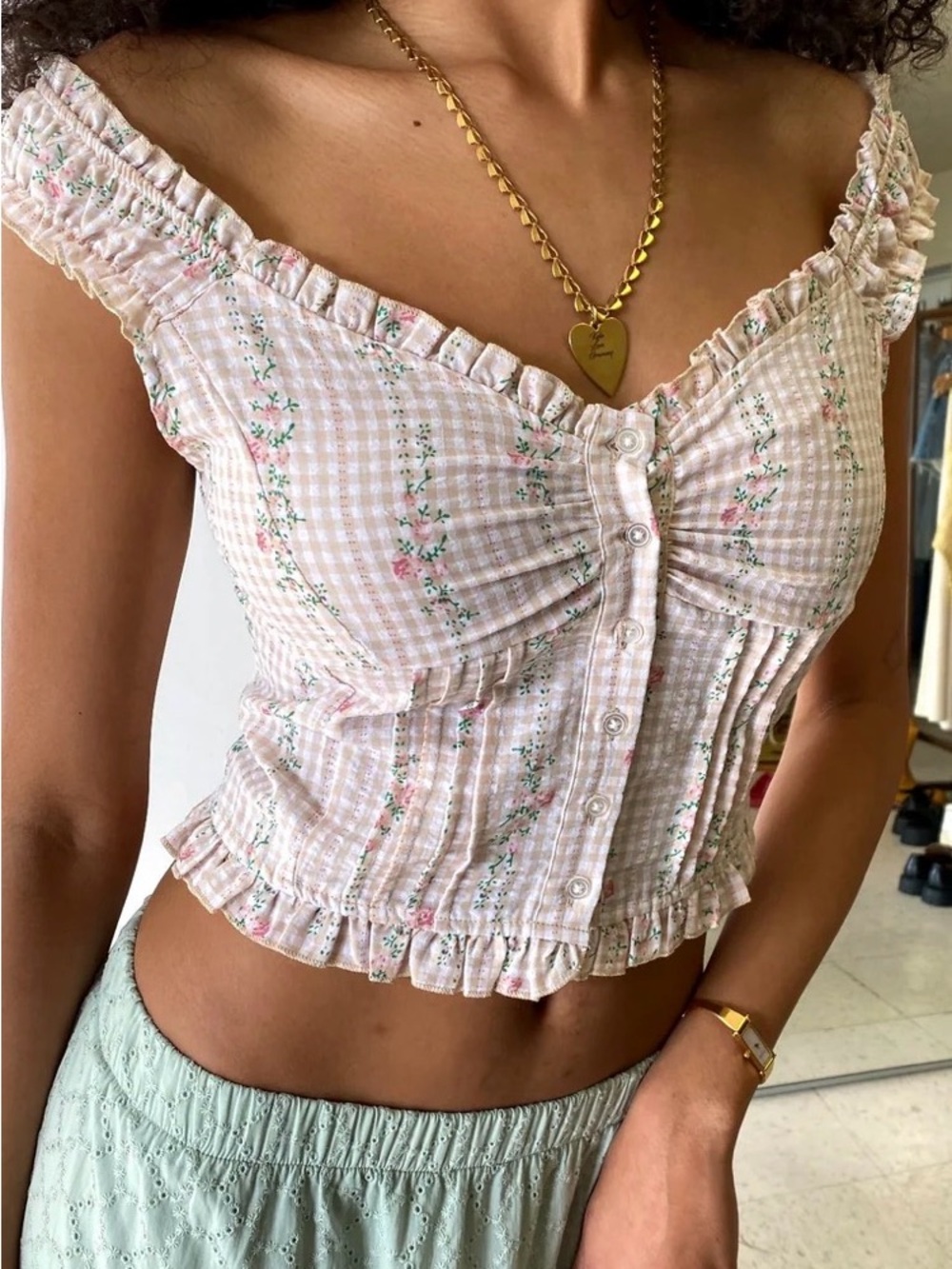 Gingham Floral Pink Ruffle Button-Front Crop Top